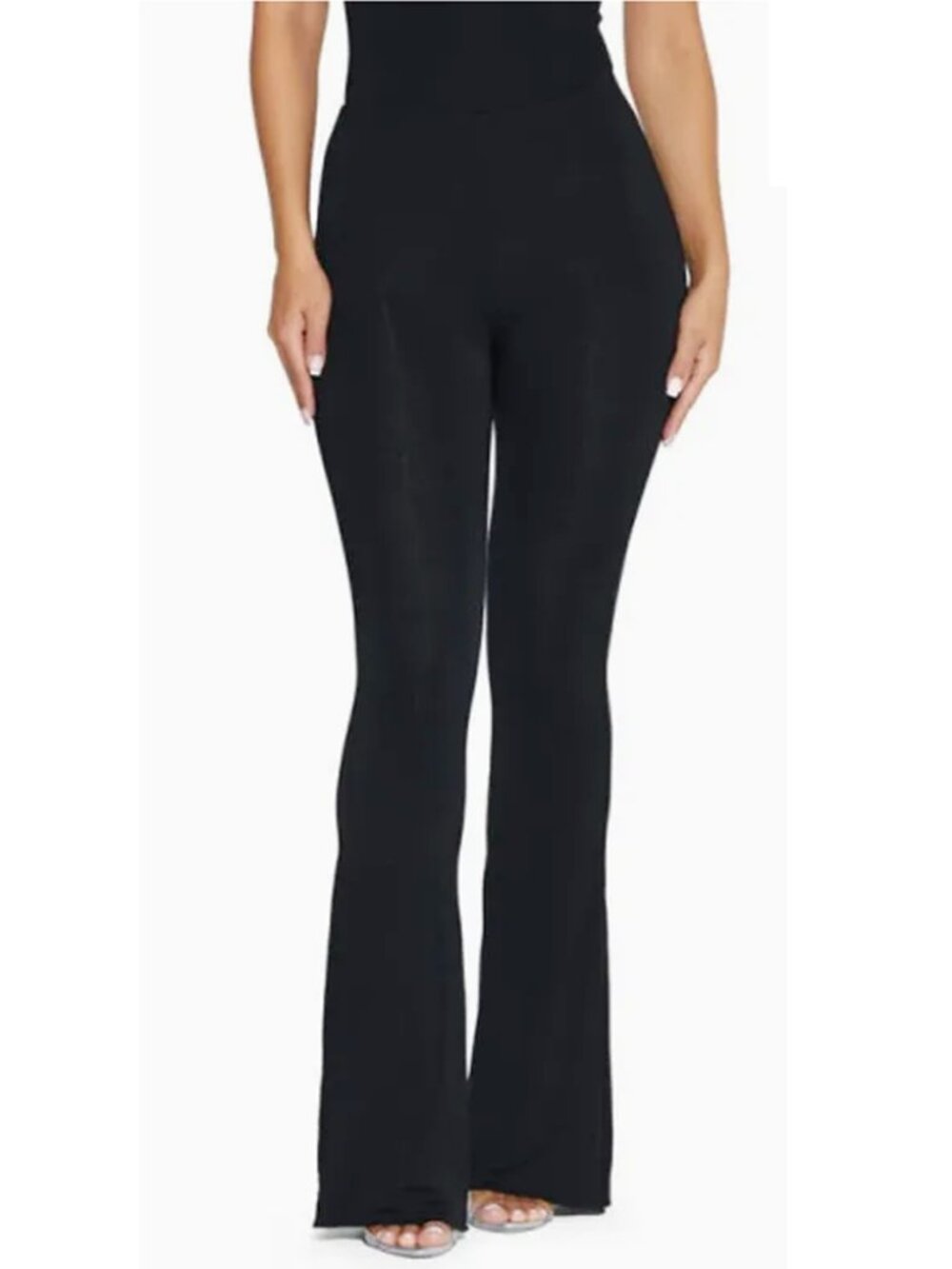 Naked Wardrobe Ribbed Texture Super Stretchy BodyCon Flare Pants Black S